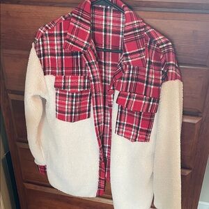 Red Plaid Sherpa Jacket - Cozy Two-Tone Shacket